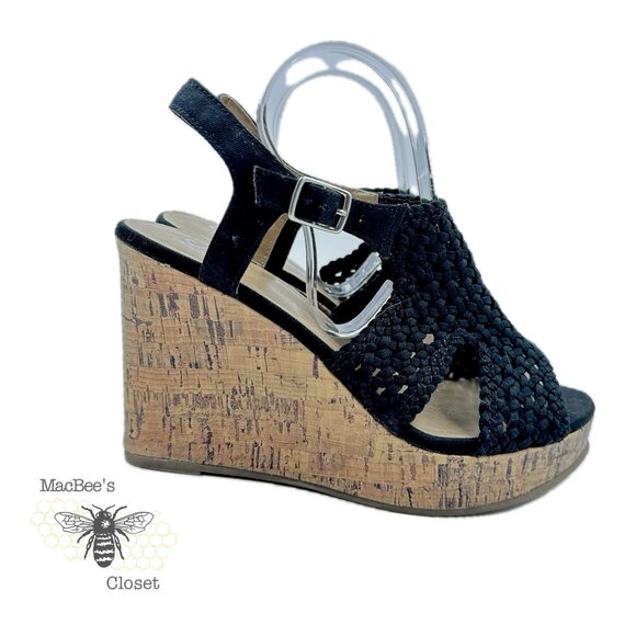 SO Taffy Wedge Heel Sandals Women's Woven Peep Toe With Cork Heel Size 8.5 Black - Picture 4 of 14